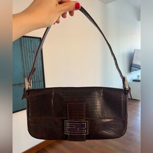 FENDI Lizard Brown Leather Purple Enamel Vintage Classic Reptile Shoulder Bag